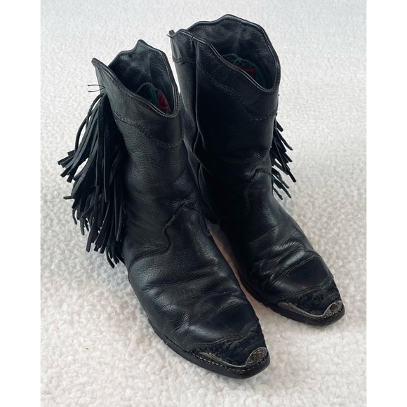 (VTG) ZODIAC • Black Genuine Leather Studded Fringe Western Cowboy Boots - Picture 14 of 16
